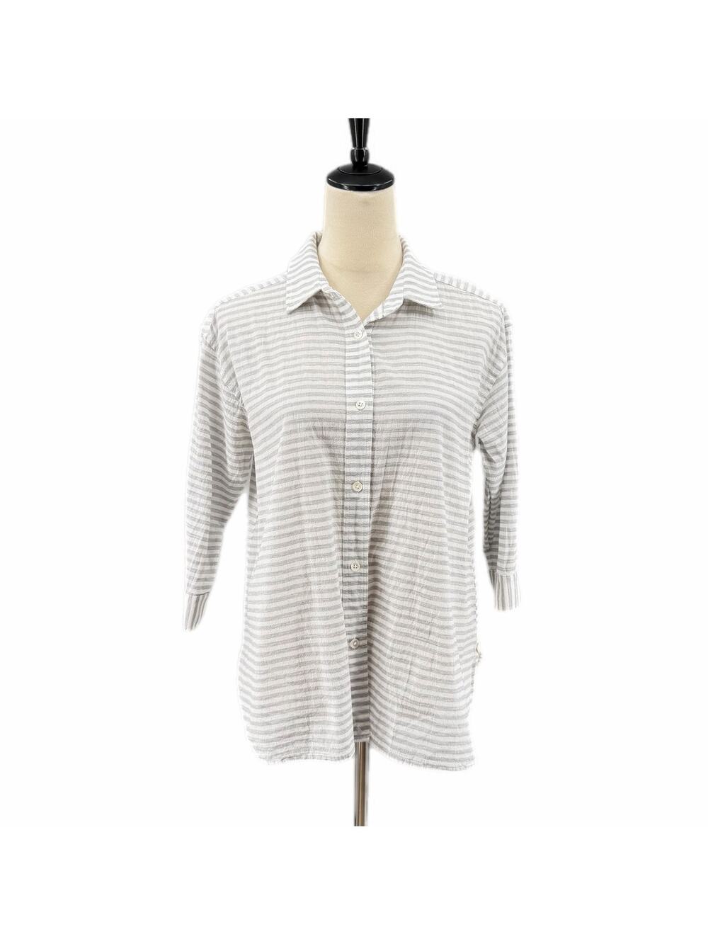 Steven Alan Gray White Stripe Waist Wrap Button Up 100% Cotton 3/4 Sleeve Top
